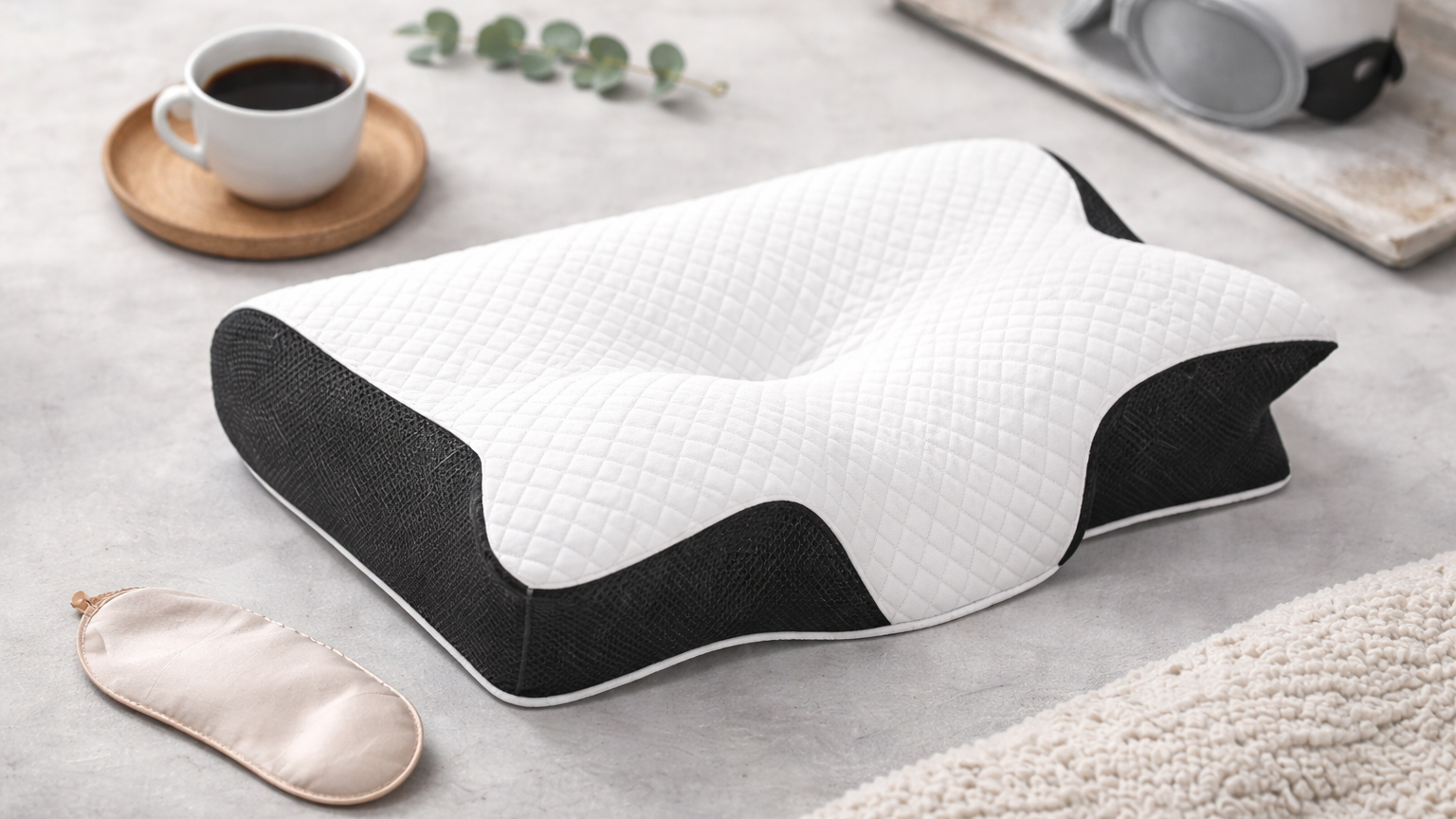 poduszka ortopedyczna na biurku kawa opaska na oczy sen 
